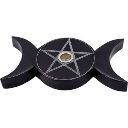 Soapstone Mini Candle Holder Triple Moon w/ Pentacle - Black (Each)