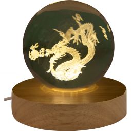 Glass Crystal Ball - 3D Laser Engraved w/ Wood LED Light Base - Chinese Dragon (Each)