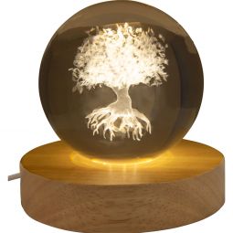 Glass Crystal Ball - 3D Laser Engraved w/ Wood LED Light Base - Tree of Life (Each)