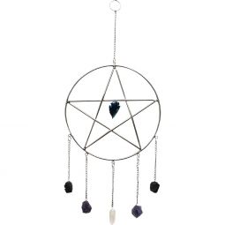Metal Wall Hanging  Pentacle w/ Crystal Point & Gemstones - Antique Silver (Each)