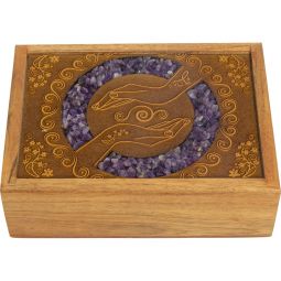 Velvet Lined Laser Etched Wooden Box - Healing Hands w/ Amethyst Inlay (Each)