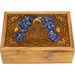 Velvet Lined Laser Etched Wooden Box - Buddha w/ Sodalite Inlay (Each)