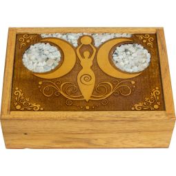 Velvet Lined Laser Etched Wooden Box - Moon Goddess w/ Rainbow Moonstone Inlay (Each)