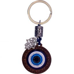 Evil Eye Talisman Key Ring - Wood w/ Mini Fatima Hand (Each)