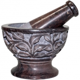 Soapstone Mortar & Pestle  Carved Leaves Natural (each)