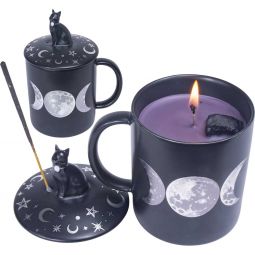 Multi Purpose 3 in 1 Ceramic Coffee Mug Candle & Incense Holder - Moon Phases w/ Black Tourmaline (E