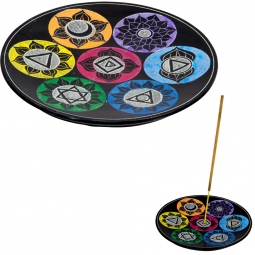 Soapstone Round Incense Holders - Chakras Symbols - Black (Each)