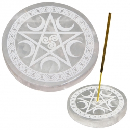 Selenite Incense Holder Round w/ Pentacle (Each)