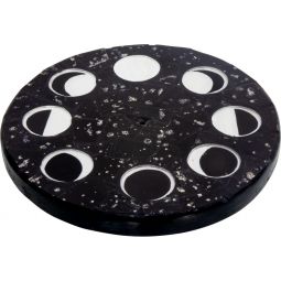 Wood Round Incense Holder Glass Mosaic - Moon Phases - Black (Each)