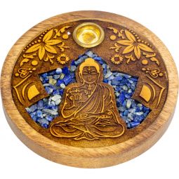 Laser Etched Wood Round Incense Holder - Buddha w/ Sodalite Inlay (Each)