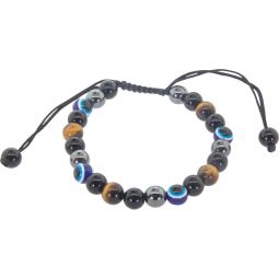 Adjustable Bracelet 8mm Round Bead - Tiger Eye & Hematite w/ Evil Eye & Black Glass (Each)