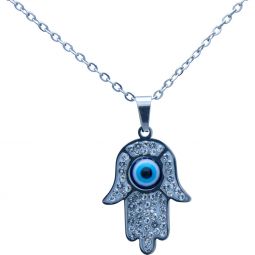Evil Eye Protection Necklace - Fatima Hand w/ Gems Silver (Each)