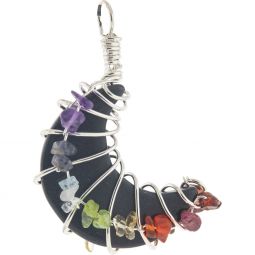 Wire Wrapped Crescent Moon Pendant w/ Chakra Chips  - Black Agate (Each)