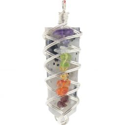 Wire Wrapped Flat Pencil Point Pendant w/ Chakra Chips - Rainbow Moonstone (Each)
