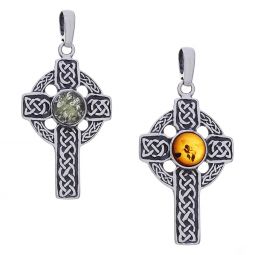 Weaved Braid Long Celtic Cross Pendant - Amber Accent