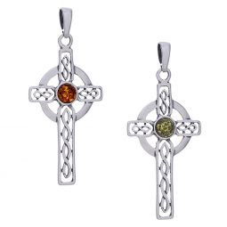 Filigree Long Celtic Cross Pendant - Amber Accent