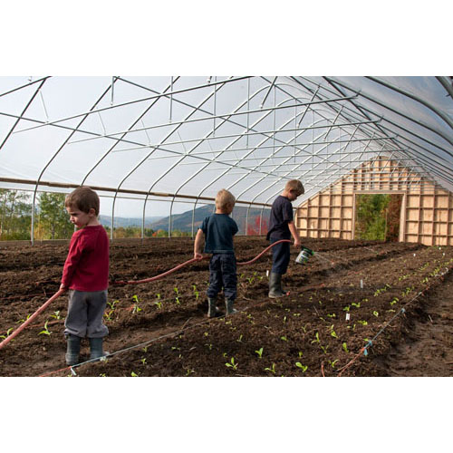 The Kids getting together to water the plants with compost tea in the new greenhouse