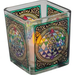 Handcrafted Glass Square Votive Holder - Sri Yantra Chakra (Each)