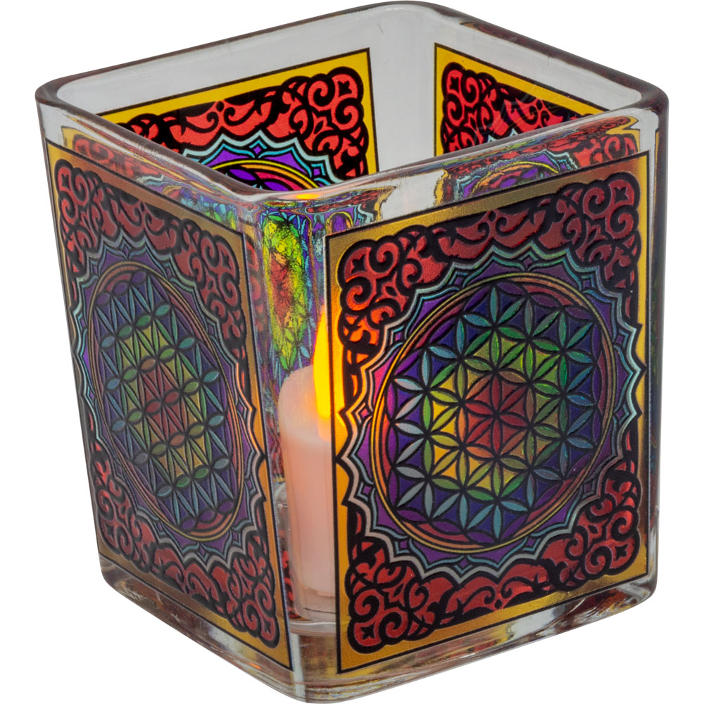 Handcrafted Glass Square Votive Holder - FLOWER of Life (Each)