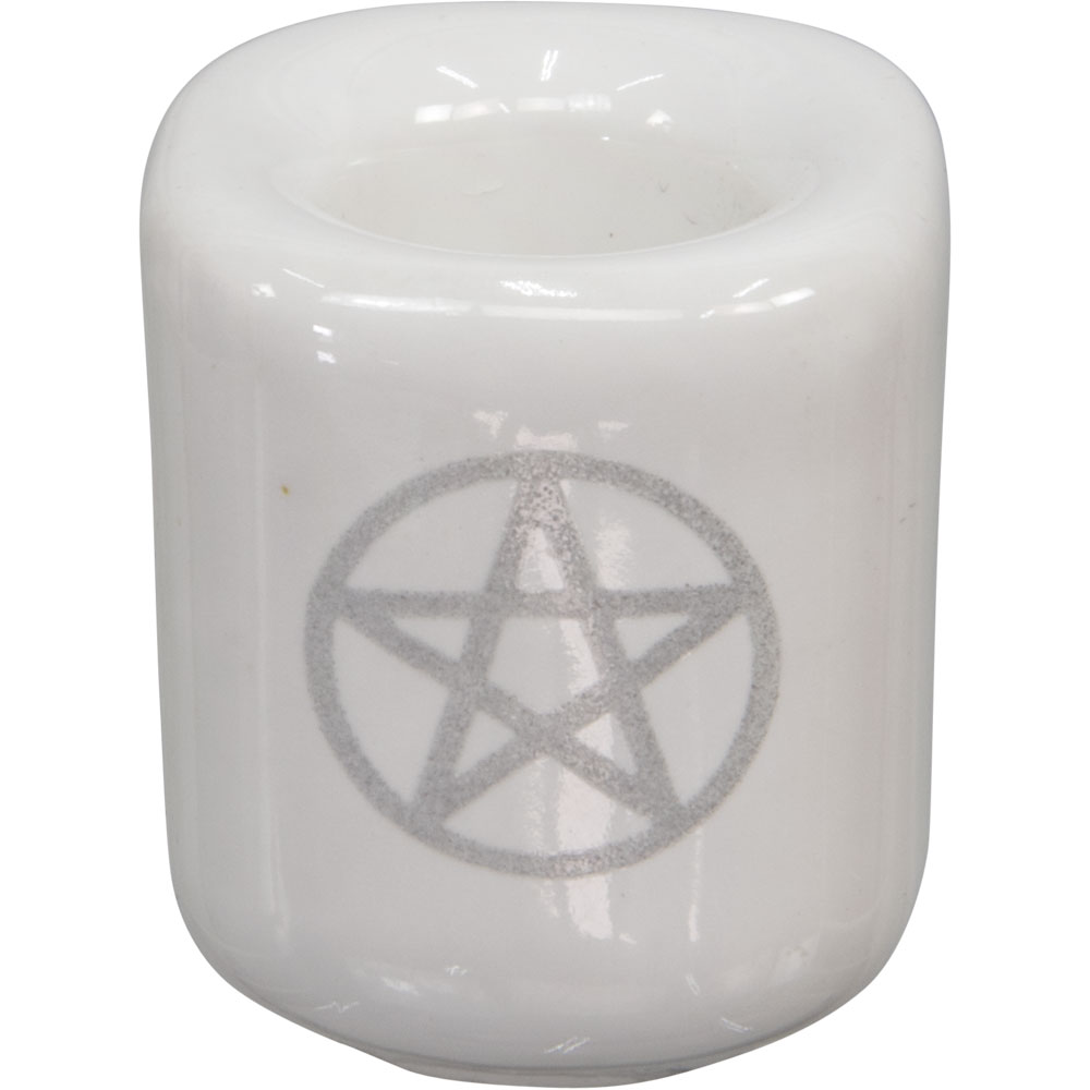 Ceramic Chime CANDLE HOLDER - White w/ Silver Pentacle (Pack of 5)