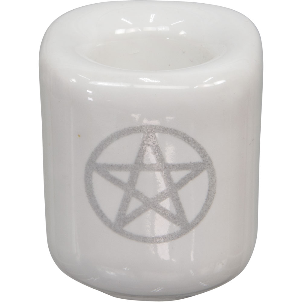 Ceramic Chime CANDLE Holder - White w/ Silver Pentacle (Pack of 5)