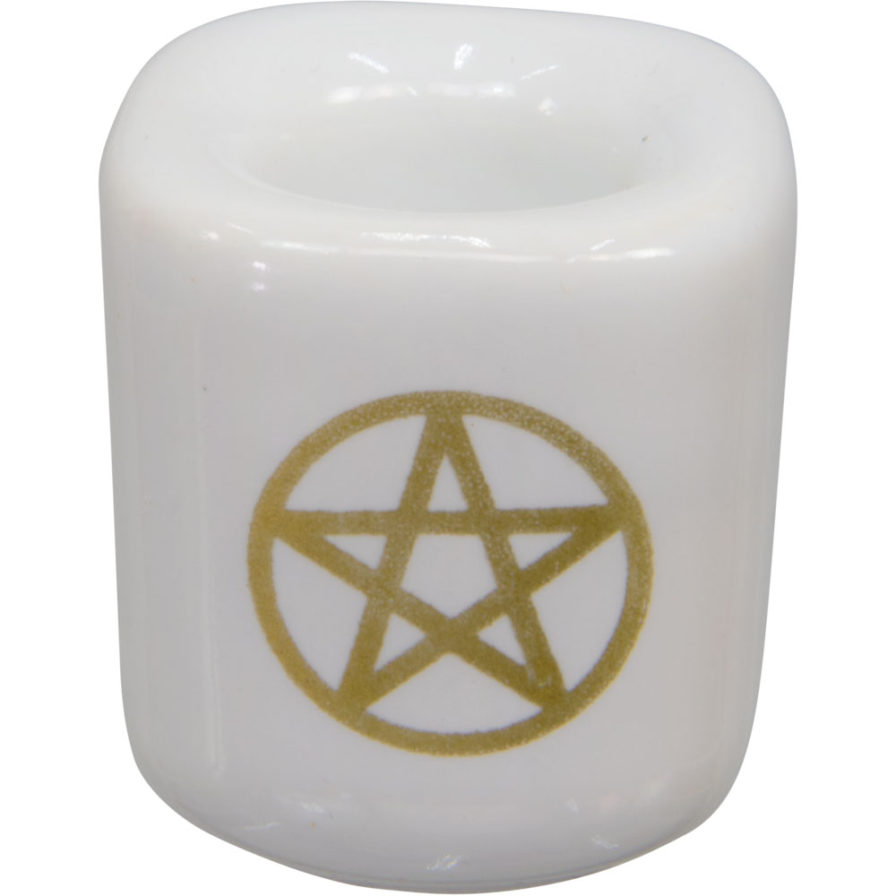 Ceramic Chime CANDLE HOLDER - White w/ Gold Pentacle (Pack of 5)