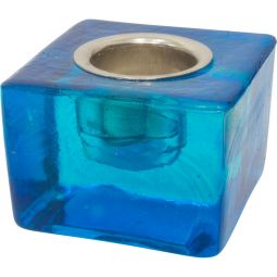 Glass Taper Candle Holder Cube - Blue (Each)