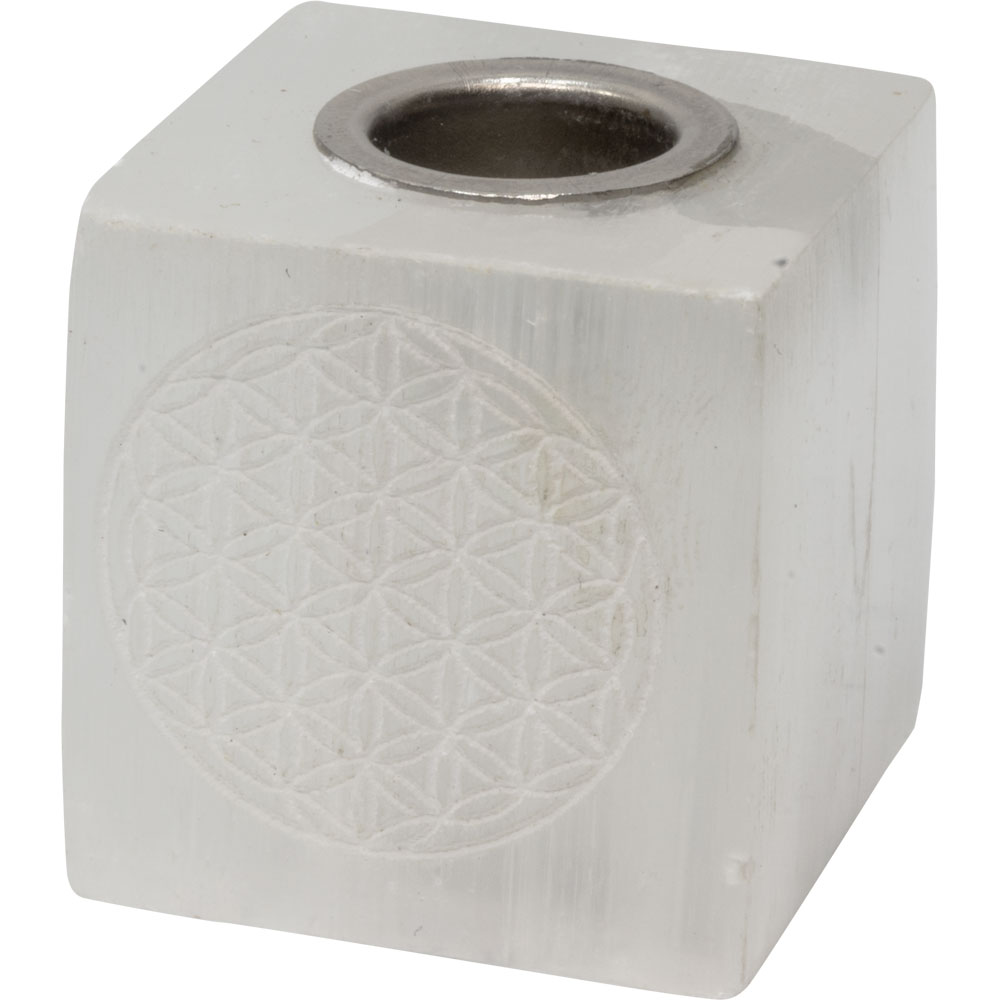 Selenite Mini Candle Holder Cube - FLOWER of Life (Each)