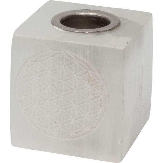 Selenite Mini Candle Holder Cube - Flower of Life (Each)