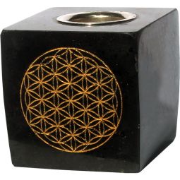 Black Tourmaline Taper Candle Holder - Flower of Life (Each)