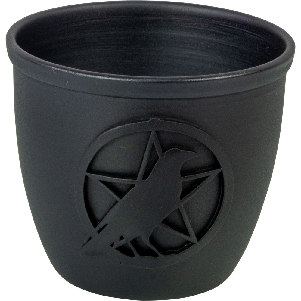 Metal Pot Mini CANDLE HOLDER - Pentacle w/ Raven  (Each)