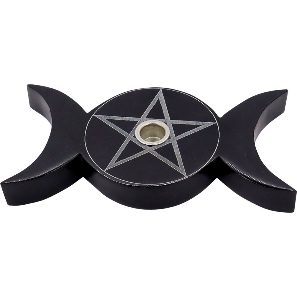 Soapstone Mini CANDLE Holder Triple Moon w/ Pentacle - Black (Each)