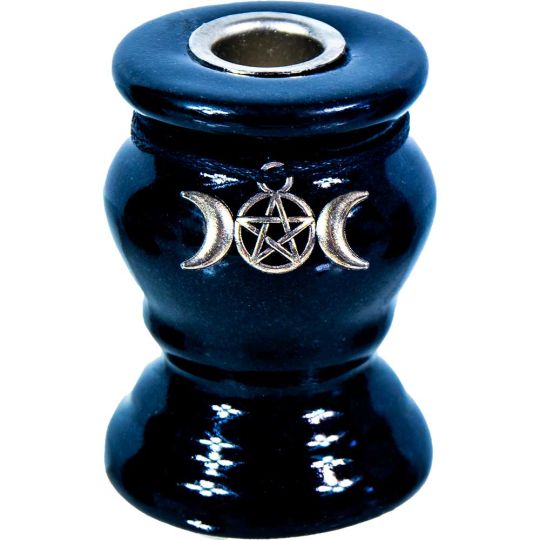 Ceramic Mini CandleStick Holder - Triple Moon Pentacle Black (Each)