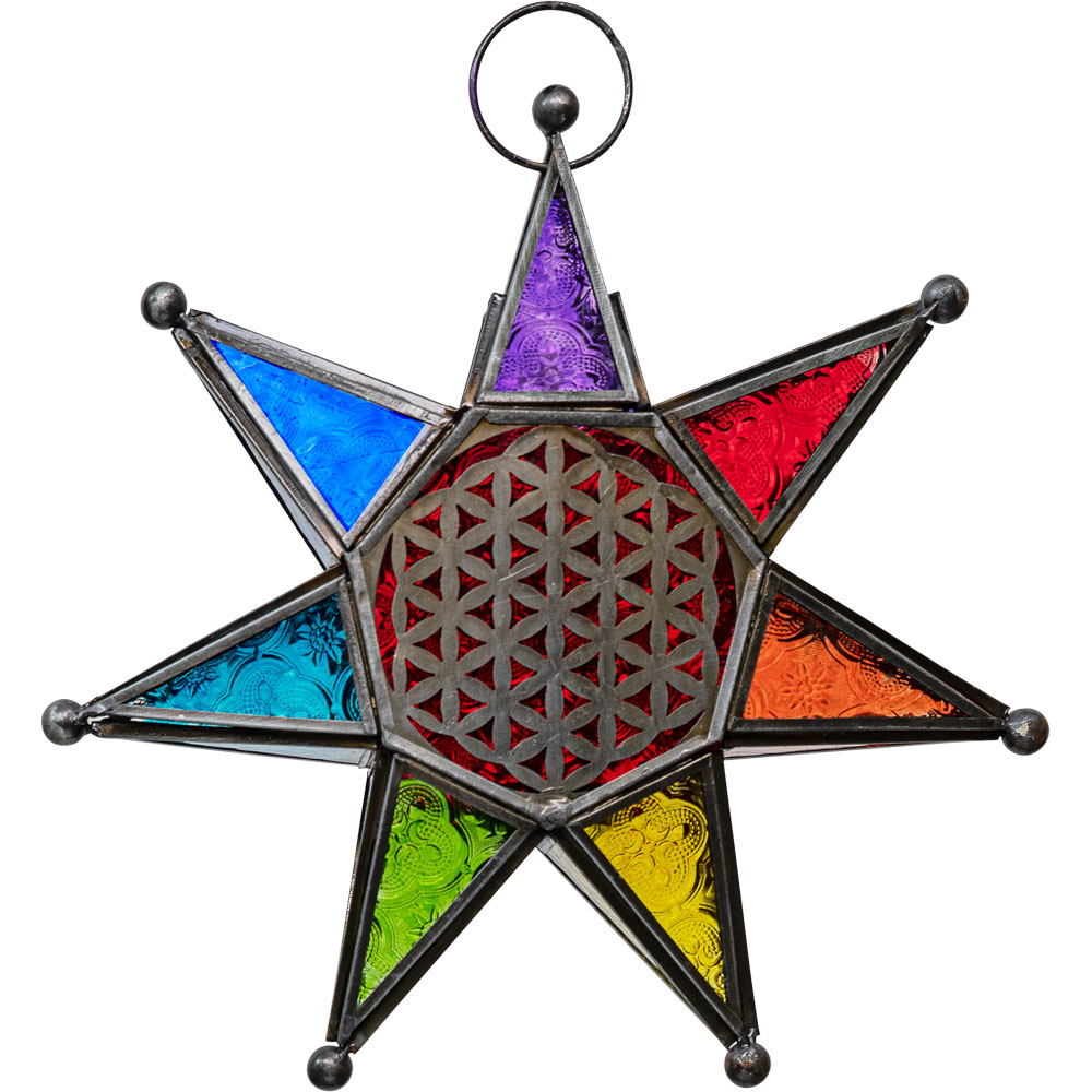 Glass & Metal Lantern Chakra Star w/ FLOWER of Life (Each)