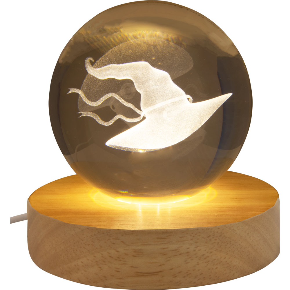 Glass Crystal Ball - 3D Laser Engraved w/ Wood LED Light Base - Witch HAT (Each)