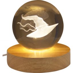 Glass Crystal Ball - 3D Laser Engraved w/ Wood LED Light Base - Witch Hat (Each)