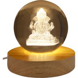 Glass Crystal Ball - 3D Laser Engraved w/ Wood LED Light Base - Ganesha (Each)