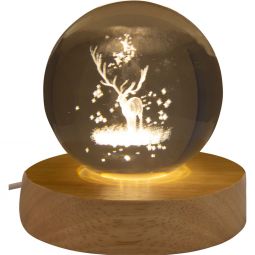 Glass Crystal Ball - 3D Laser Engraved w/ Wood LED Light Base - White Stag (Each)