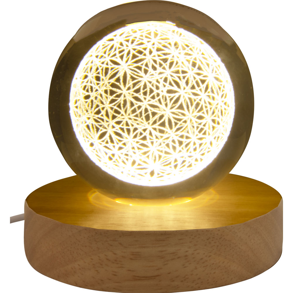 Glass Crystal Ball - 3D Laser Engraved w/ Wood LED Light Base - FLOWER of Life (Each)