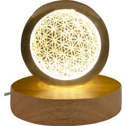 Glass Crystal Ball - 3D Laser Engraved w/ Wood LED Light Base - Flower of Life (Each)