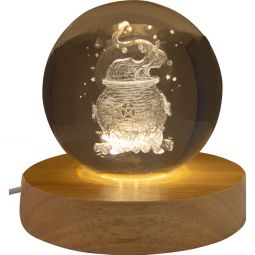 Glass Crystal Ball - 3D Laser Engraved w/ Wood LED Light Base - Magic Cauldron (Each)