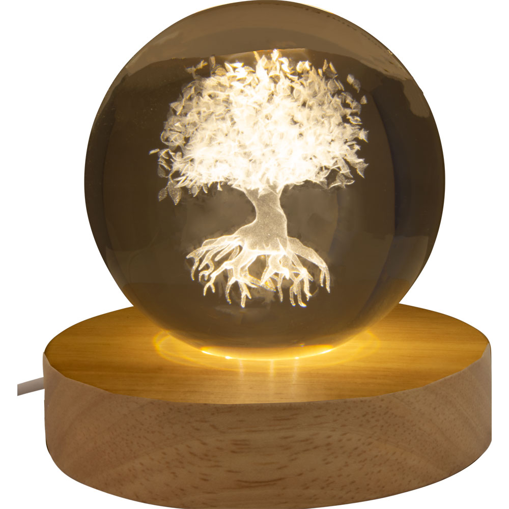 Glass Crystal Ball 3D Laser Engraved w/ Wood LED Light Base Tree of