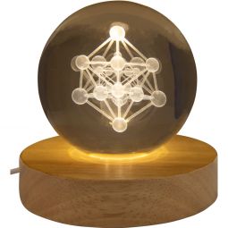 Glass Crystal Ball - 3D Laser Engraved w/ Wood LED Light Base - Metatron (Each)