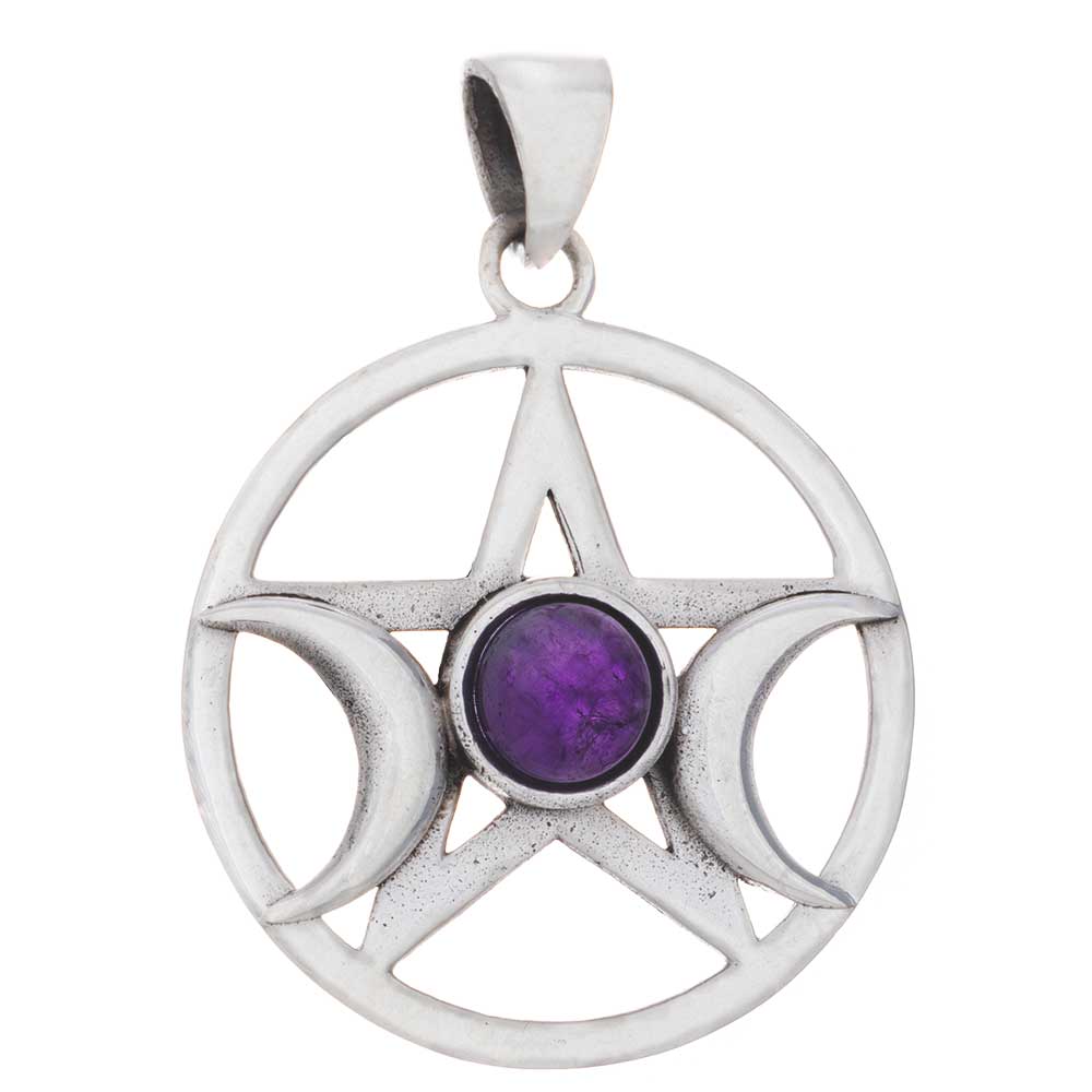 Triple Moon 2 Stones Pentacle PENDANT w/ Asst'd Stone