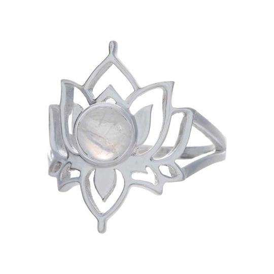 Rainbow Moonstone Lotus Flower Ring - Size 7