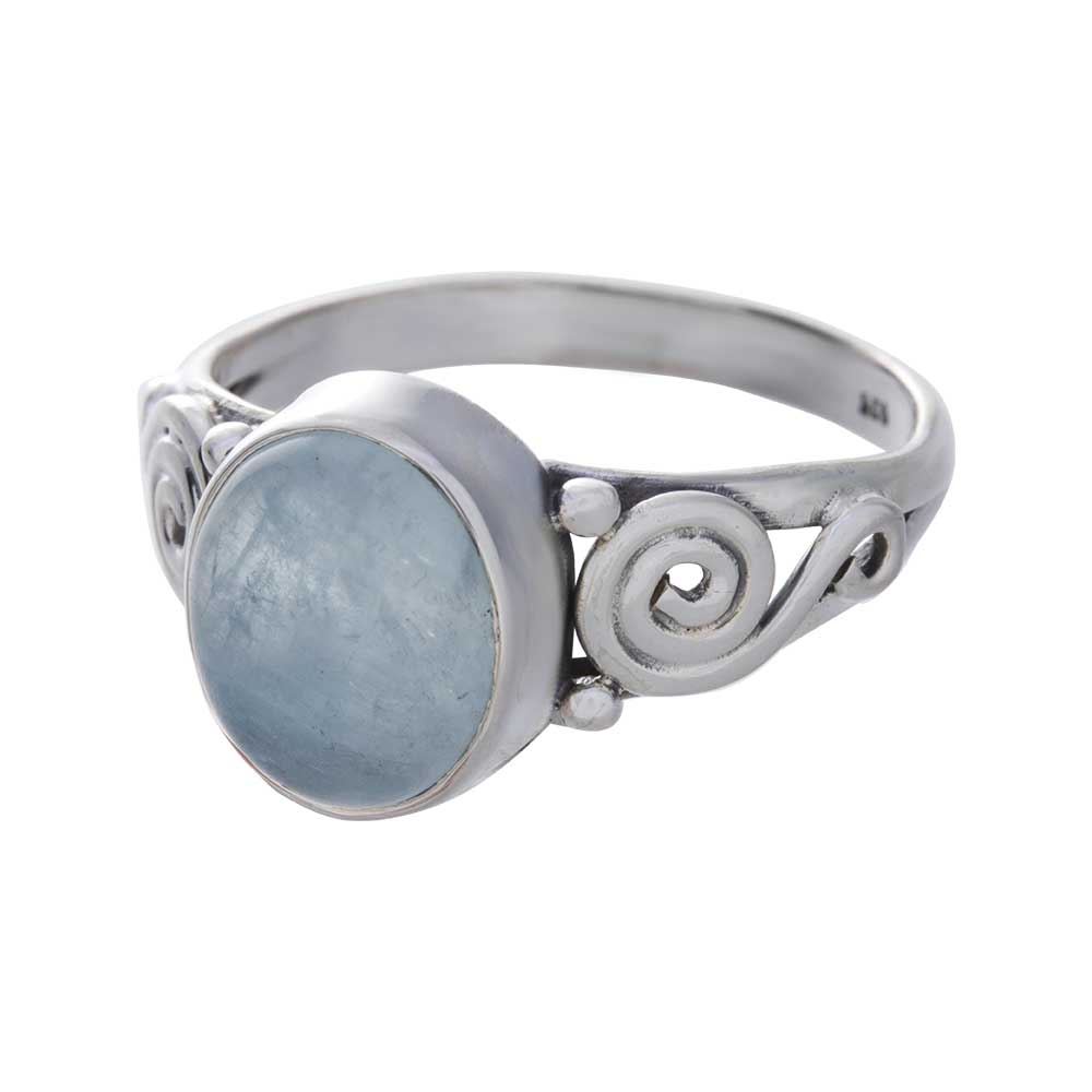 AQUAMARINE Cab. Oval Shape Spiral Band Ring - Size 7 (10 to 12mm H)
