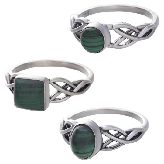 Malachite Cab. Assorted Shapes Trisquele Ring  - Size 10 (9mm to 12mm H)