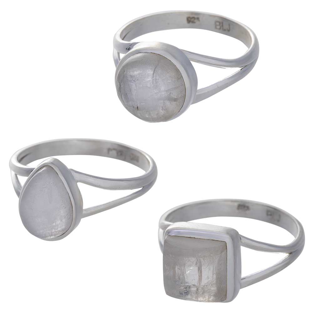 RAINBOW Moonstone Cab. Assorted Shapes Split Shank Simple Ring - Size 6 (9mm to 12mm H)