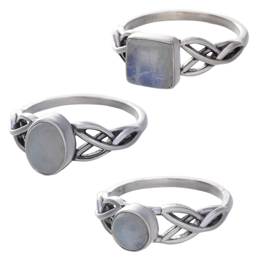RAINBOW Moonstone Cab. Assorted ShapesTrisquele Ring - Size 5 (8mm to 12mm H)