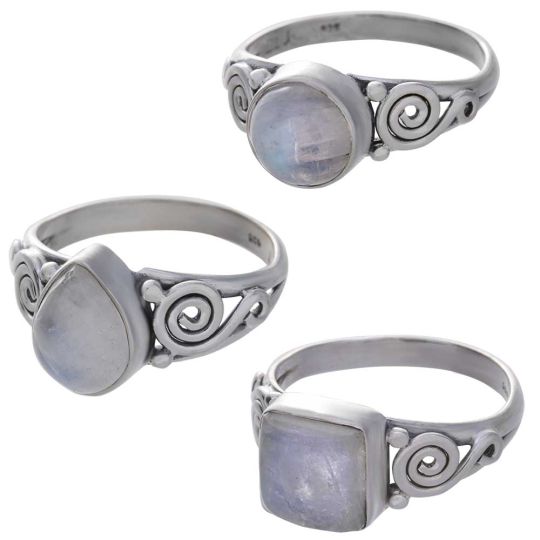 Rainbow Moonstone Cab. Assorted Shapes Spiral Band Ring -  Size 8 (9mm to 11mm H)